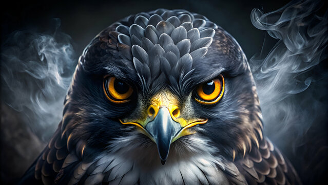 Angry mad falcon eyes only from the front into shadow with smoke