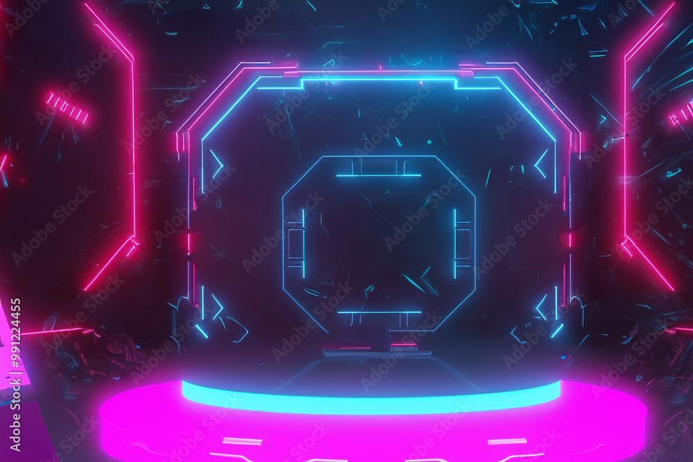 Poster futuristic abstract neon background with glowing pink and blue lines forming a frame with a circular