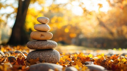 Stacked stones symbolizing balance of mind soul and spirit Focus on mental well being and yoga infused with the essence of autumn