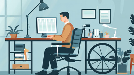 A disabled employee managing their tasks remotely, using adaptive technology and assistive devices to perform their job effectively.