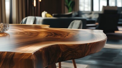 Close up of an exclusive luxury table crafted from a natural wood slab featured in a contemporary interior setting