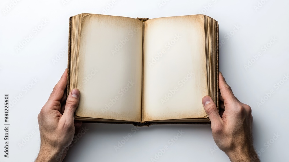 Poster hands holding an open square book or album with blank pages set against a white background