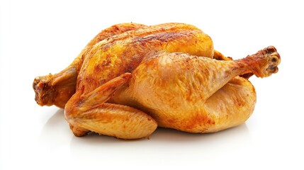 Roasted chicken displayed from a top view against a clean white background