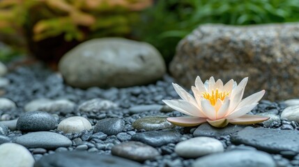 Fototapeta premium Tranquil lotus surrounded by spa stones in a serene rock garden representing harmony and peace