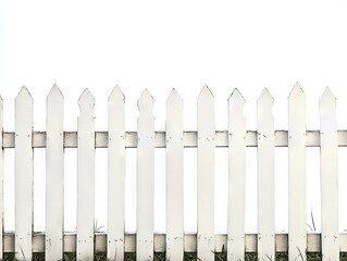 Obraz premium A white picket fence in a grassy field with a white background