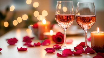 Glasses of wine rose petals and candles create a soft blurred ambiance on a table perfect for a romantic setting and Valentine s Day theme