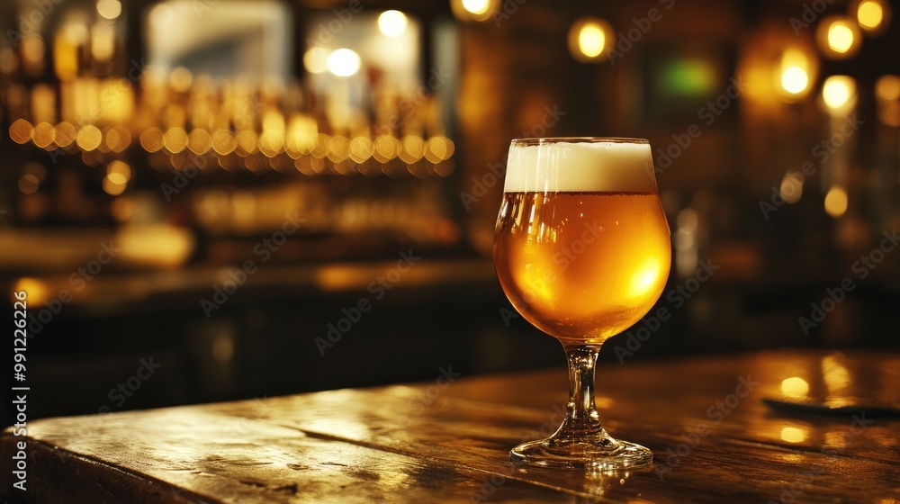Poster snifter glass featuring light beer on a bar table in a dimly lit setting with ample copy space