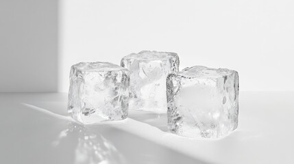 Three ice cubes placed against a white backdrop