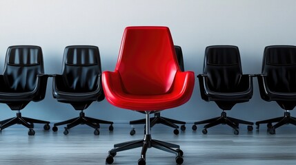 A striking red office chair standing out among black chairs on a white background, symbolizing leadership and individuality