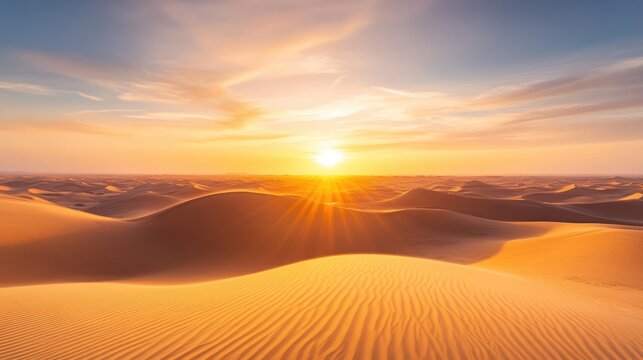 Golden sand dunes stretch across the horizon illuminated by warm sunlight at sunset evoking a serene and vast desert ambiance