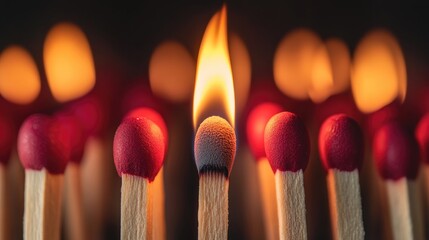 A collection of wooden matches with a single one striking a flame representing the themes of leadership and inspiration
