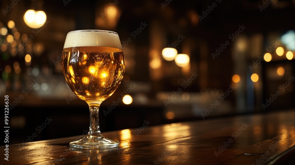 Poster snifter glass featuring light beer on a bar table in a dimly lit setting with ample copy space