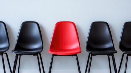 A vacant red chair contrasting with a row of black chairs on a white backdrop, symbolizing leadership or an administrative role