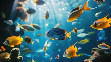Diverse group of fish swimming together captured in an underwater scene from a low angle