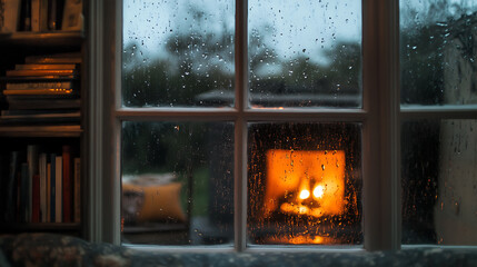 Close-up of a rain-streaked window with a view of a cozy indoor scene, like a fireplace or a reading nook