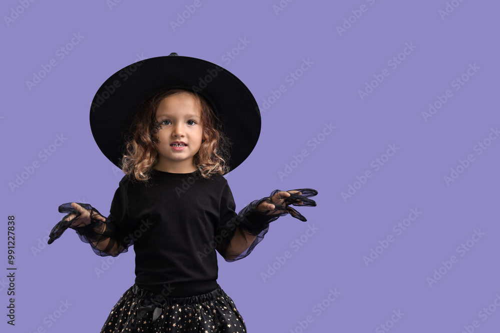 Sticker Funny girl dressed like witch for Halloween celebration on violet background, space for text