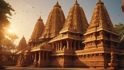 A majestic Indian temple, bathed in golden sunlight, with intricate carvings depicting Hindu deities and mythical creatures