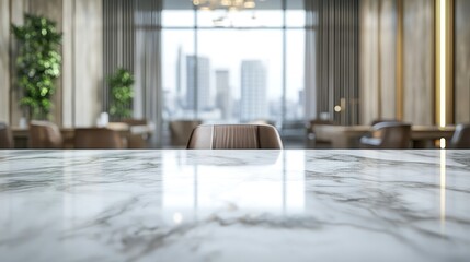 Elegant table featuring a stunning marble design in a luxurious office setting complete with ample empty space for text against a blurred backdrop