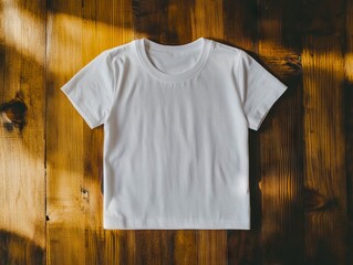A white t-shirt on a wooden surface