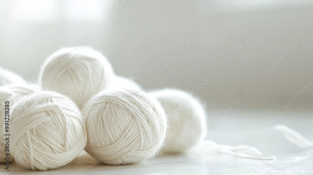 Poster soft focus image showcasing cotton yarn balls against a minimal background creating an inviting text