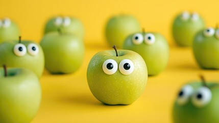 Green apples with playful googly eyes set against a vibrant yellow backdrop