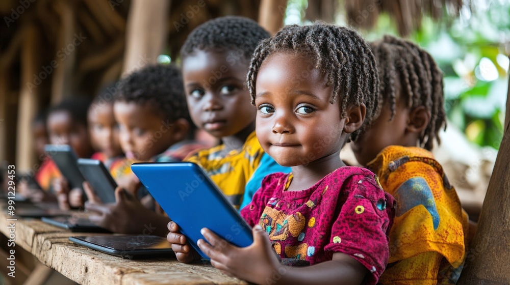 Poster young students using tablets in a classroom demonstrating the integration of technology in education