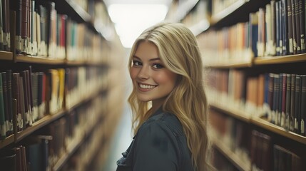 Blonde Woman Smiling in a Library Aisle