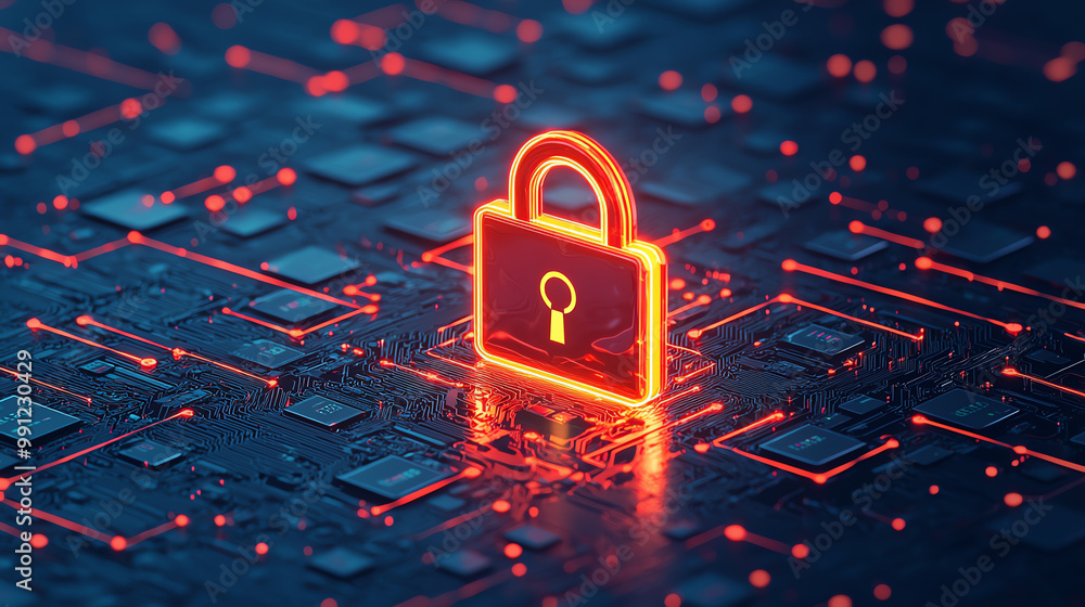 Poster floating digital encryption lock surrounded by privacy certificates and glowing data seals, cybersec