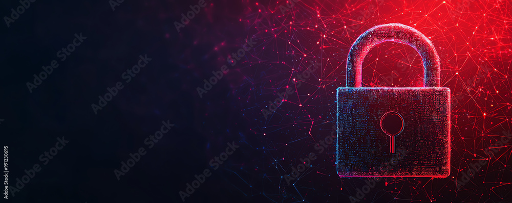 Poster abstract digital lock symbolizing encryption, with privacy certificates secured by glowing encryptio