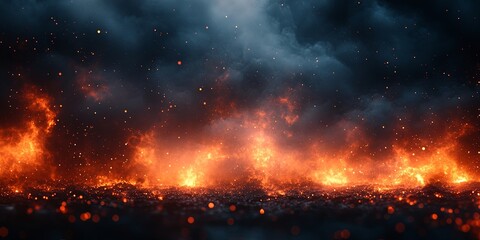 A fiery inferno erupts beneath a stormy sky, with sparks flying and a sense of intense heat.