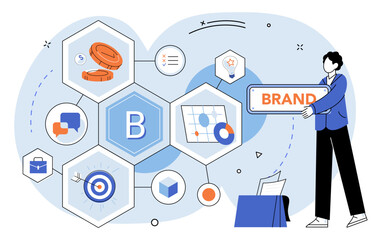 Brand building vector illustration. Promotion, spotlight, illuminates ongoing construction brand, garnering attention Branding, artisans touch, adds nuance and detail to evolving structure brand