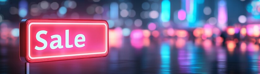 Illuminated sale sign with colorful bokeh background at night.