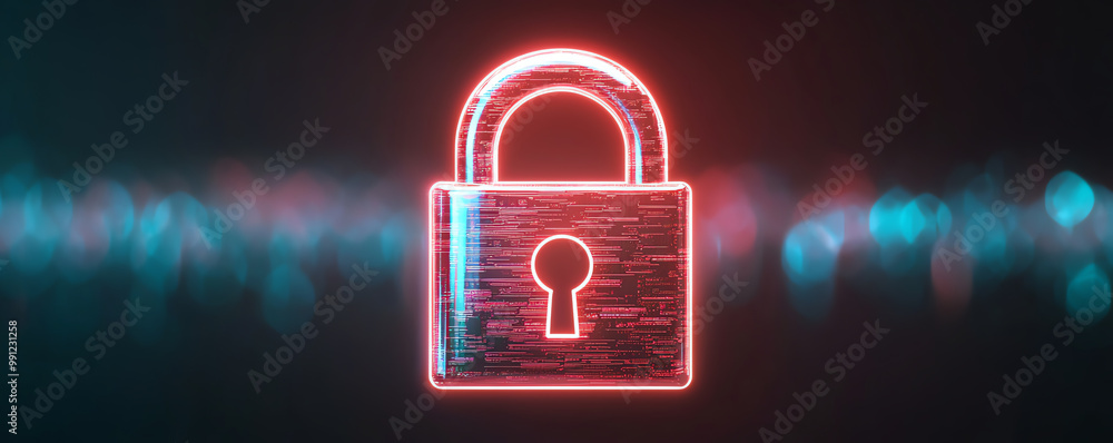 Poster abstract digital lock symbolizing encryption, with privacy certificates secured by glowing encryptio