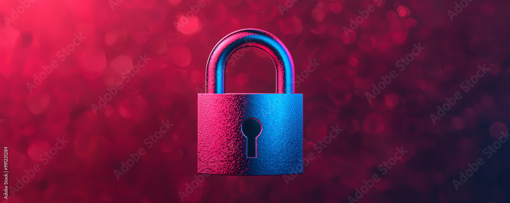 Poster futuristic holographic lock symbolizing encrypted data with privacy certificates and digital seals, 