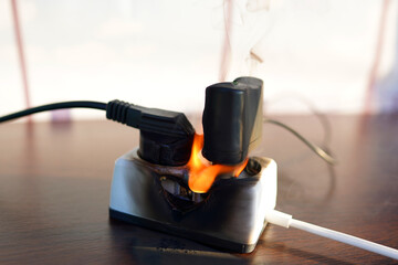 Electrical Short Circuit. Fire socket of electricity plug switch. Burning socket. Outlets, plug in...
