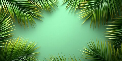 Obraz premium A Vibrant Green Background with a Frame of Lush Palm Fronds, Creating a Serene and Tropical Atmosphere