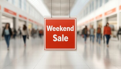 Fototapeta premium Weekend sale sign in a busy shopping mall with blurred shoppers in the background.