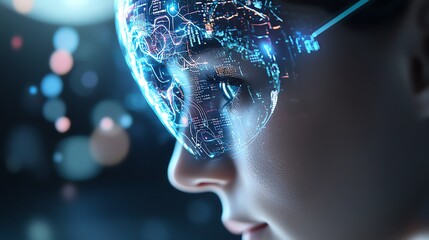 Futuristic close-up of a person wearing an advanced augmented reality headset with digital interface, symbolizing high-tech innovation and AI integration.