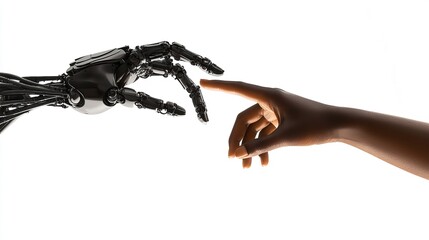 Fototapeta premium Humanity and Robotics: A robotic hand reaches out to a human hand, symbolizing the future of collaboration and technological advancement.