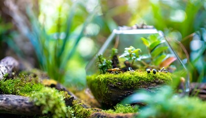 Tiny Terrarium with Green Moss, Small Plants and Figurines