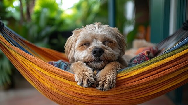 A furry companion finds ultimate relaxation in a vibrant hammock, basking in the warmth of a sunny afternoon, lulled by the gentle sway of nature.