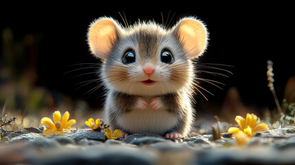 Obraz premium A cute little mouse with big eyes looks up at the camera.