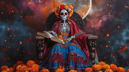 Fototapeta premium A skeletal figure in a colorful dress sits with a book, celebrating life.