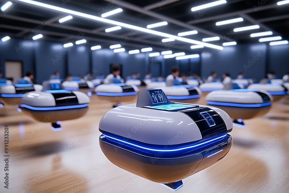 Poster a 3d visualization of a futuristic classroom, where desks float in the air and students engage with 