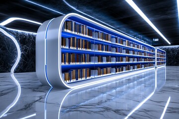 Fototapeta premium A 3D-rendered digital library, where virtual bookshelves stretch infinitely, filled with glowing, digital books that can be accessed by touch