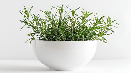 wooden cutting board isolated on white background ,Rosemary Growing In White Pot On White Background