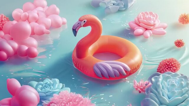A pink inflatable flamingo swim ring floating on calm blue water, creating a fun and tropical summer vibe. The perfect video for vacation, travel, or party-themed content, focusing on relaxation.