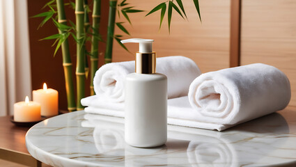 A calm spa scene featuring a towel, cosmetic cream, and beauty products for skincare, with a focus on wellness and relaxation, including elements like bottles, soap, and flowers in a clean setting