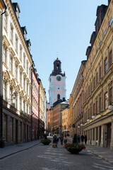 Fototapeta premium Beautiful view of street in Gamla stan, Stockholm. Unrecognizable people