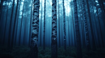 Obraz premium A misty forest with tall trees reaching towards the sky, creating an eerie and mysterious atmosphere.